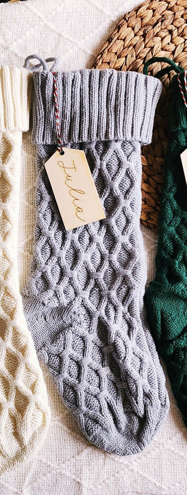 Personalized Knit Christmas Stocking: Farmhouse Decor with Laser Cut Name Tag