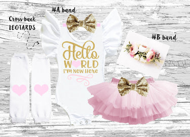 Newborn Girl Outfit: "Hello World" Leotard, Tutu Bloomer, Floral Headband