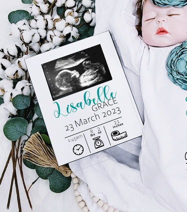 Personalized Newborn Gown Set: Jeweled Flower Headband, Wooden Stats Announcement