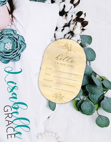 Personalized Newborn Gown Set: Jeweled Flower Headband, Wooden Stats Announcement