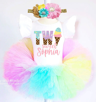 Ice Cream Two Sweet 2nd Birthday Outfit: Rainbow Tutu, Leotard & Headband