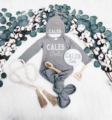 Personalized Baby Knotted Gown: Newborn Gift Set, Pick Your Color
