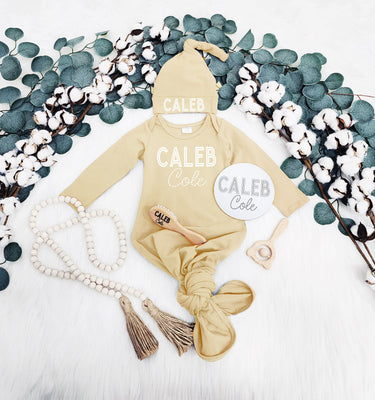 Personalized Baby Knotted Gown: Newborn Gift Set, Pick Your Color