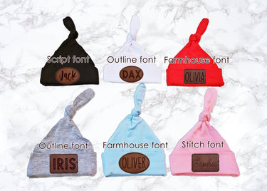 Personalized Knotted Baby Hat: Engraved Vegan Leatherette Patch