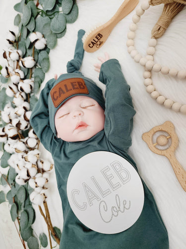 Personalized Knotted Baby Hat: Engraved Vegan Leather Patch