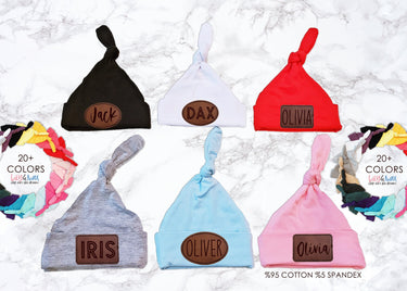 Personalized Knotted Baby Hat: Vegan Leather Patch, Newborn Cap