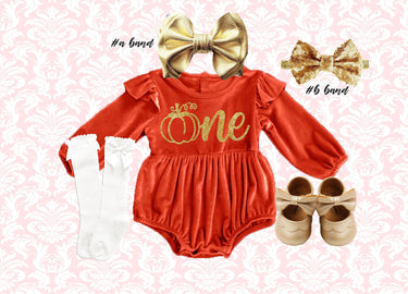 1st Birthday Fall Outfit: Burnt Orange Thanksgiving pumpkin Velvet Romper