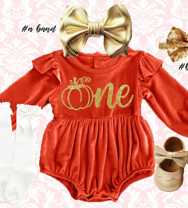 1st Birthday Fall Outfit: Burnt Orange Thanksgiving pumpkin Velvet Romper