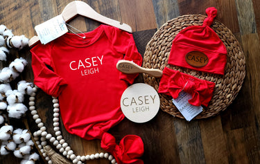 Red Bamboo Baby Gown Set: Knotted Gown, Robe, Hat, Headband