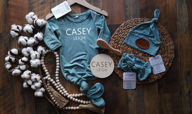 Bamboo Baby Gown: Knotted Newborn Outfit, Personalized Hat, name brush
