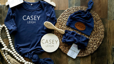 Navy Bamboo Baby Gown Set: Personalized Newborn Gift