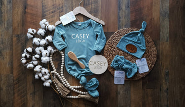 Bamboo Baby Gown: Knotted Newborn Outfit, Personalized Hat, name brush