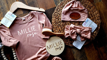 Nude Pink Bamboo Baby Gown Set | Knotted Hat & Headband, Newborn Gift