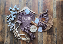 Brown Bamboo Baby Gown Set: Personalized, Knotted Newborn Outfit, Hat & Headband,  Maternity robes, gift