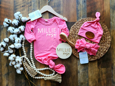 Bamboo Baby Gown Set: Knotted Gown, Hat & Headband - Personalized Shower Gift