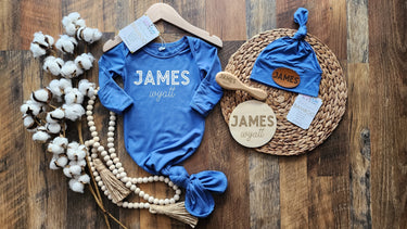 Blue Bamboo Baby Gown Set: Knotted Newborn Outfit, Personalized Hat
