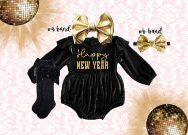 Baby Girl New Year Outfit: 2026 Velvet Romper, Bow Headband & Socks