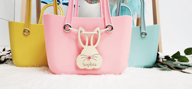 Personalized Easter Basket: Laser Engraved Bunny Tag, Egg Hunt Bag