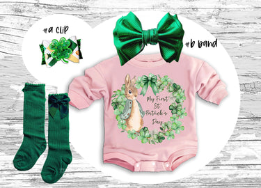 My 1st St. Patrick's Day Baby Outfit: Romper, Bow Clip, Headband & Socks
