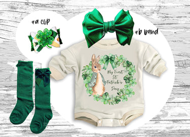 My 1st St. Patrick's Day Baby Outfit: Romper, Bow Clip, Headband & Socks