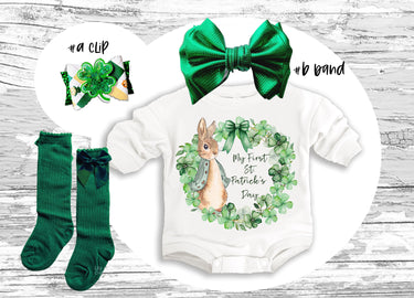 My 1st St. Patrick's Day Baby Outfit: Romper, Bow Clip, Headband & Socks