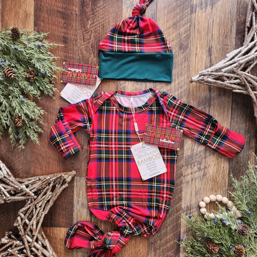 Christmas Tartan Plaid Bamboo Baby Knotted Gown: Unisex Holiday Outfit