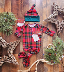Christmas Tartan Plaid Bamboo Baby Knotted Gown: Unisex Holiday Outfit