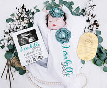 Personalized Newborn Gown Set: Jeweled Flower Headband, Wooden Stats Announcement