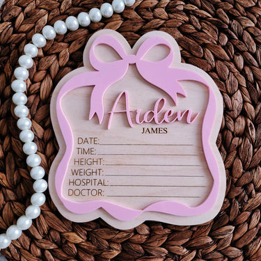 Personalized Engraved Baby Announcement Sign: Coquette Bow, Hospital Photo Prop