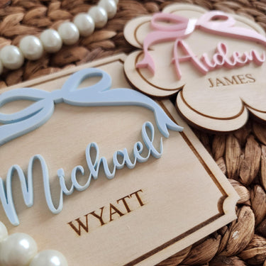 Engraved Baby Name Sign: Coquette Bow, Hospital Announcement