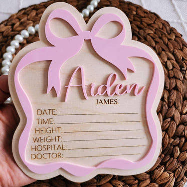 Personalized Engraved Baby Announcement Sign: Coquette Bow, Hospital Photo Prop