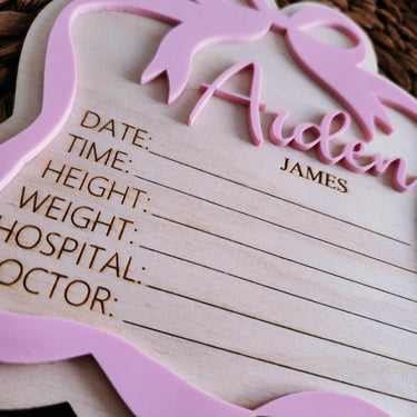 Personalized Engraved Baby Announcement Sign: Coquette Bow, Hospital Photo Prop
