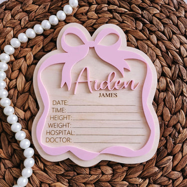 Personalized Engraved Baby Announcement Sign: Coquette Bow, Hospital Photo Prop