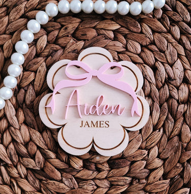 Engraved Baby Name Sign: Coquette Bow Announcement, Hospital Photo Prop