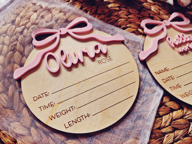 Engraved Baby Announcement Sign: Birch Wood, Coquette Bow