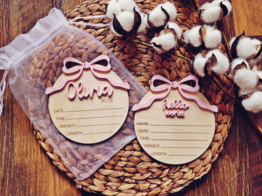 Engraved Baby Announcement Sign: Birch Wood, Coquette Bow