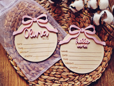Engraved Baby Announcement Sign: Birch Wood, Coquette Bow