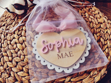 Engraved Baby Announcement Sign: Coquette Bow, Baby Name Disc