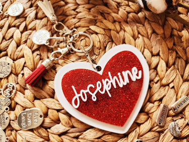 Personalized Red Glitter Heart Keychain, Free Charm, Valentine Gift