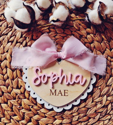 Engraved Baby Announcement Sign: Coquette Bow, Baby Name Disc