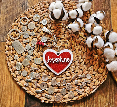 Personalized Red Glitter Heart Keychain, Free Charm, Valentine Gift