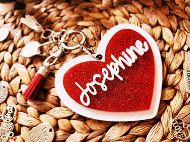 Personalized Red Glitter Heart Keychain, Free Charm, Valentine Gift