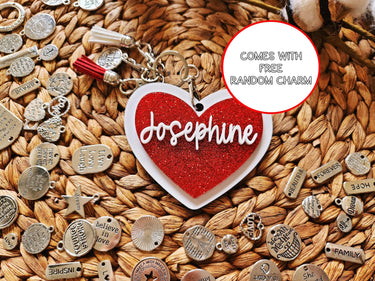 Personalized Red Glitter Heart Keychain, Free Charm, Valentine Gift