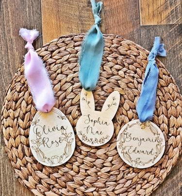 Personalized Easter Basket Tag: Engraved Wooden Bunny, Egg, Round