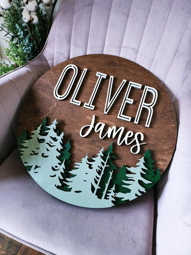 Custom Pine Tree Woodland Name Sign: Layered Wood Nursery Decor