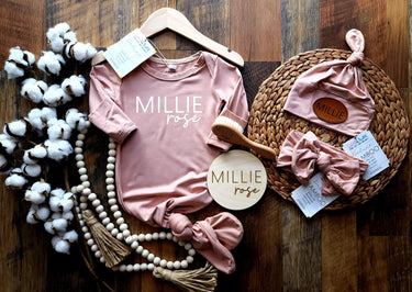 Nude Pink Bamboo Baby Gown Set | Knotted Hat & Headband, Newborn Gift