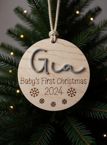 Personalized Baby's First Christmas Ornament: 2025 Engraved Birch Wood Keepsake