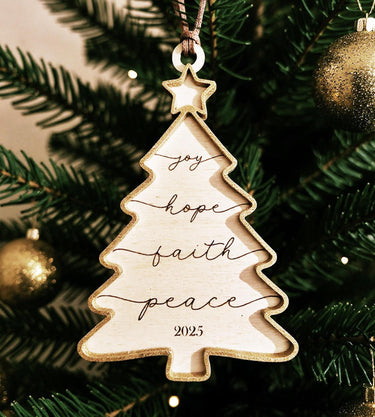Yearly family tree Ornament, Engraved Birch Wood Holiday Christmas Keepsake