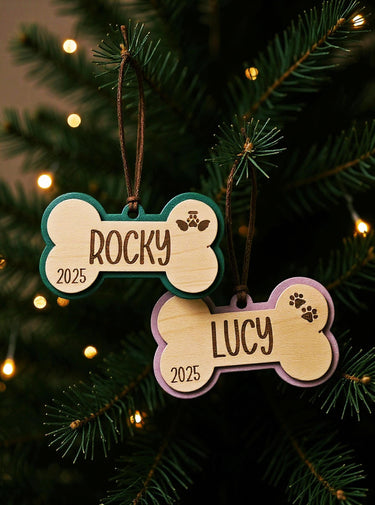 Personalized Dog bone Christmas 2025 Ornament, Engraved Birch Wood Holiday tree Keepsake