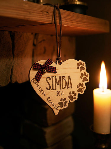 Personalized Dog heart Christmas 2025 Ornament, Engraved Birch Wood Holiday tree Keepsake